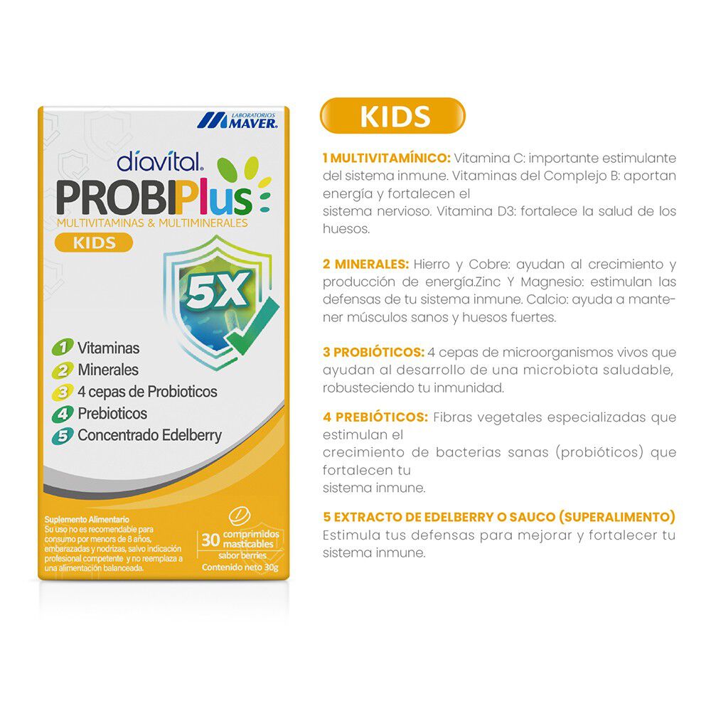 Probiplus-Kids-con-Probióticos,-Prebióticos,-Vitaminas,-Minerales-y-Extracto-Edelberry-30-Comprimidos-masticables-sabor-berries-imagen-2