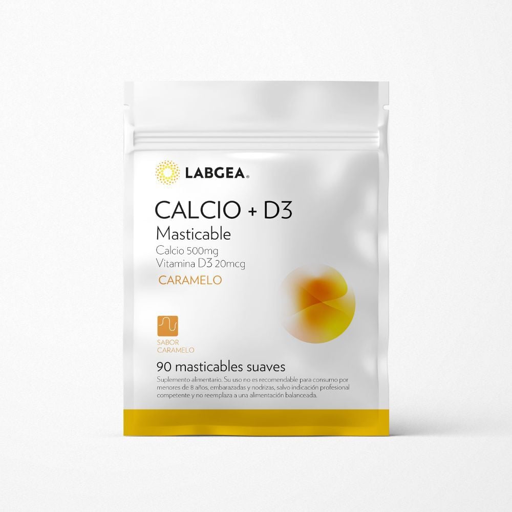 Calcio + Vitamina D3. 90 Masticables Suaves Sabor Caramelo
