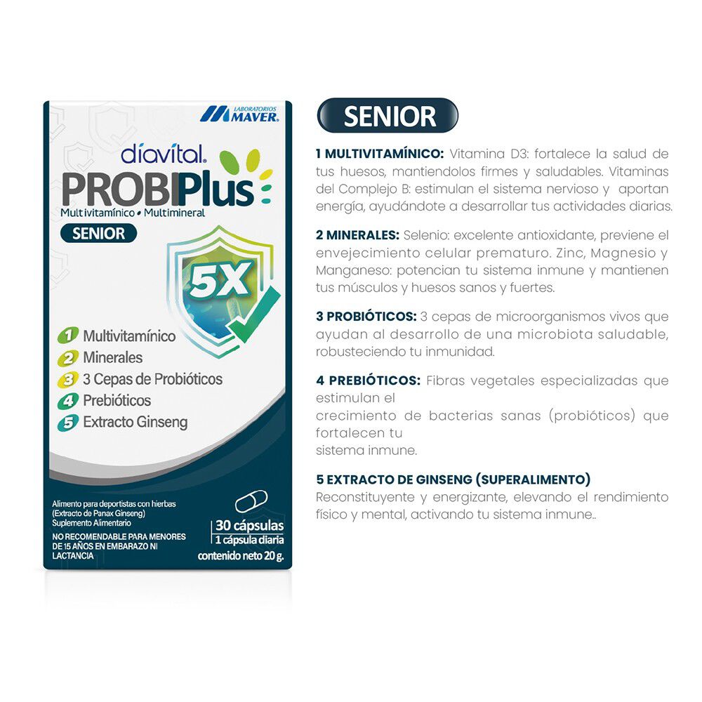 Probiplus-Senior-con-Probióticos,-Prebióticos,-Vitaminas,-Minerales-y-Extracto-Ginseng-30-Cápsulas-imagen-2