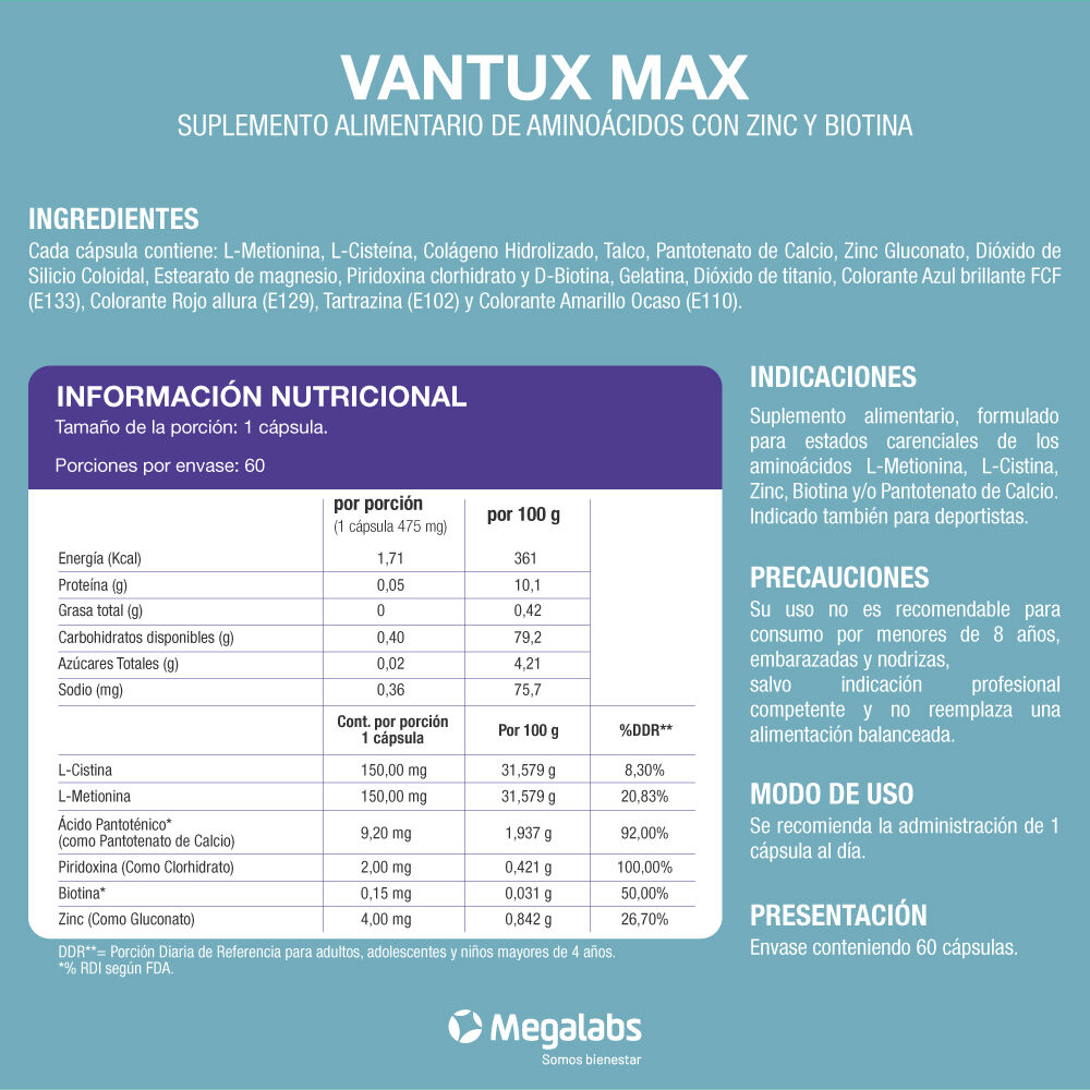 Vantux-Max-Amino&aacute;cidos-con-Zinc-y-Biotina-0,15-mg-60-C&aacute;psulas-imagen-4