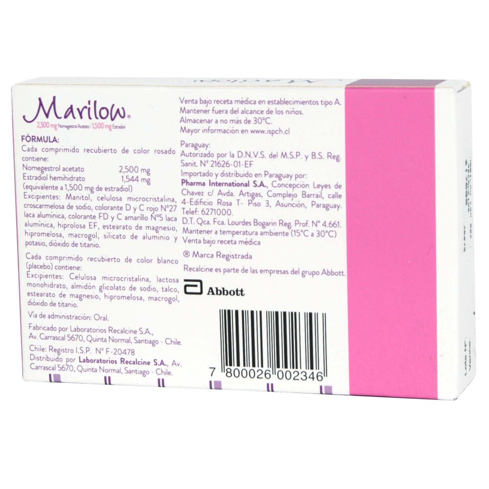 Marilow Nomegestrol 2,5 mg Estradiol 1,5 mg 28 Comprimidos Recubiertos