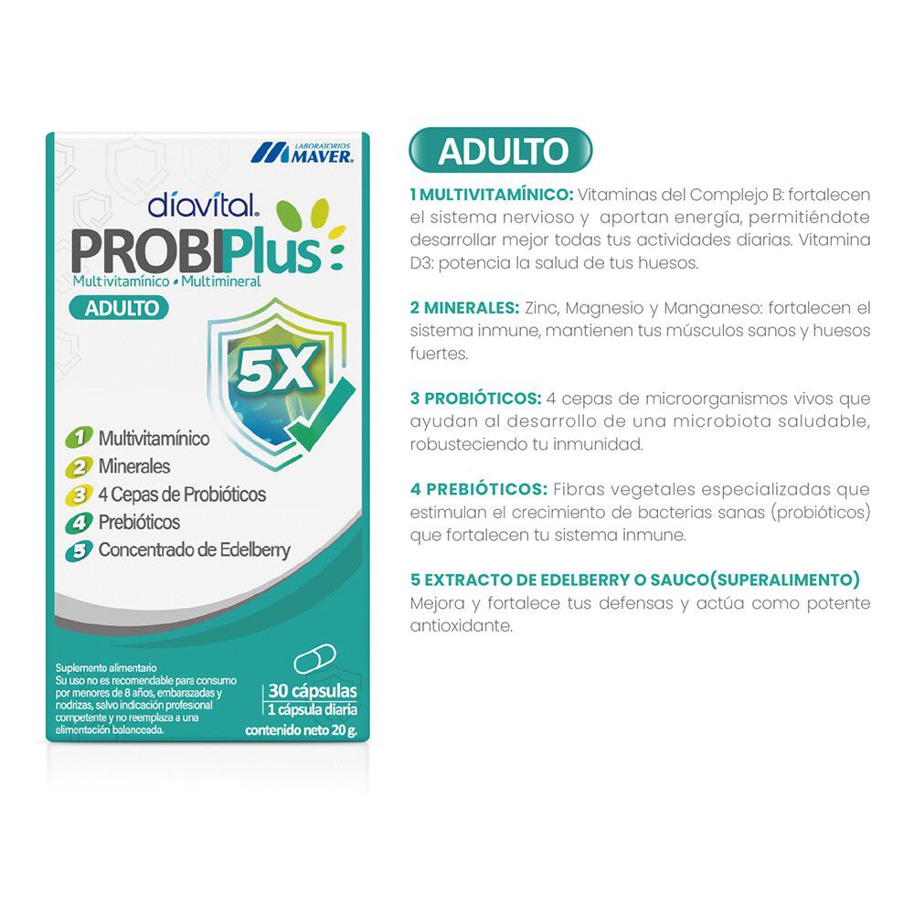 Probiplus-Adulto-con-Probiótico,-Prebióticos,-Vitaminas,-Minerales-y-Extracto-Edelberry-30-Cápsulas-imagen-2