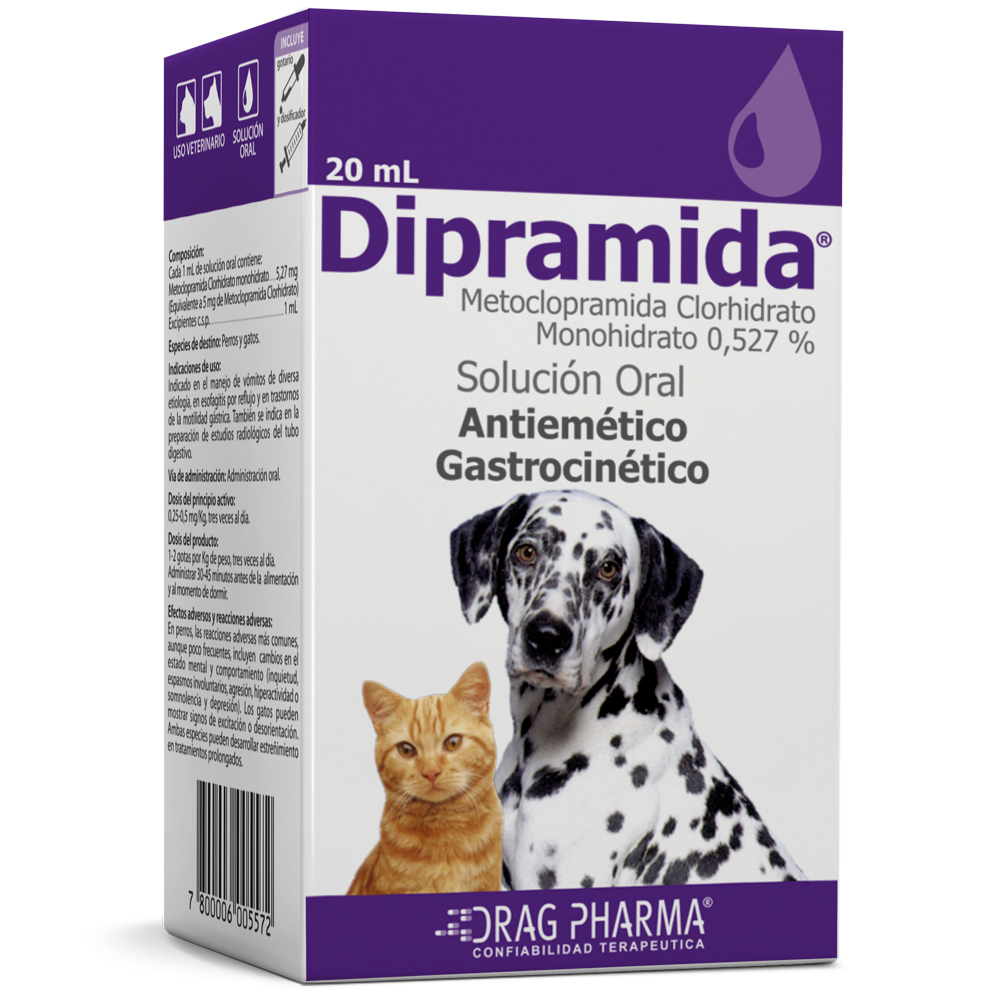 Dipramida Metoclopramida Clorhidrato Monohidrato 0,527% 20 mL Solución Oral Perros y Gatos